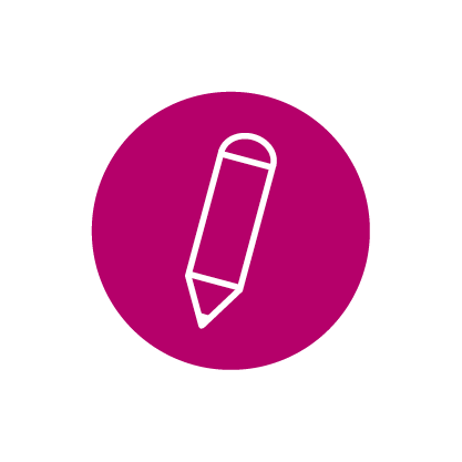 rundes brombeerfarbiges Icon mit weißem Stift